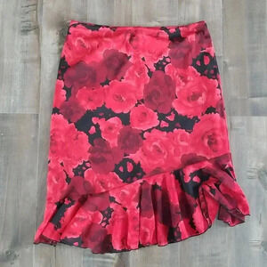 Y2K Sheer Mesh Ruffle Skirt Red & Black Roses Midi M